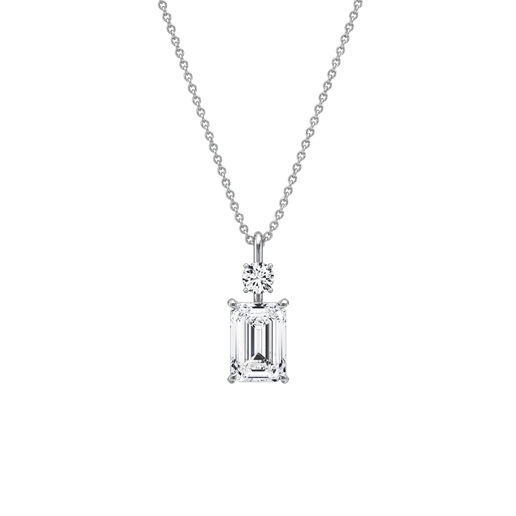 Emerald Cut & Round Two-Stone Diamond Drop Pendant Necklace | 18k Yellow Gold Anniversary Pendant