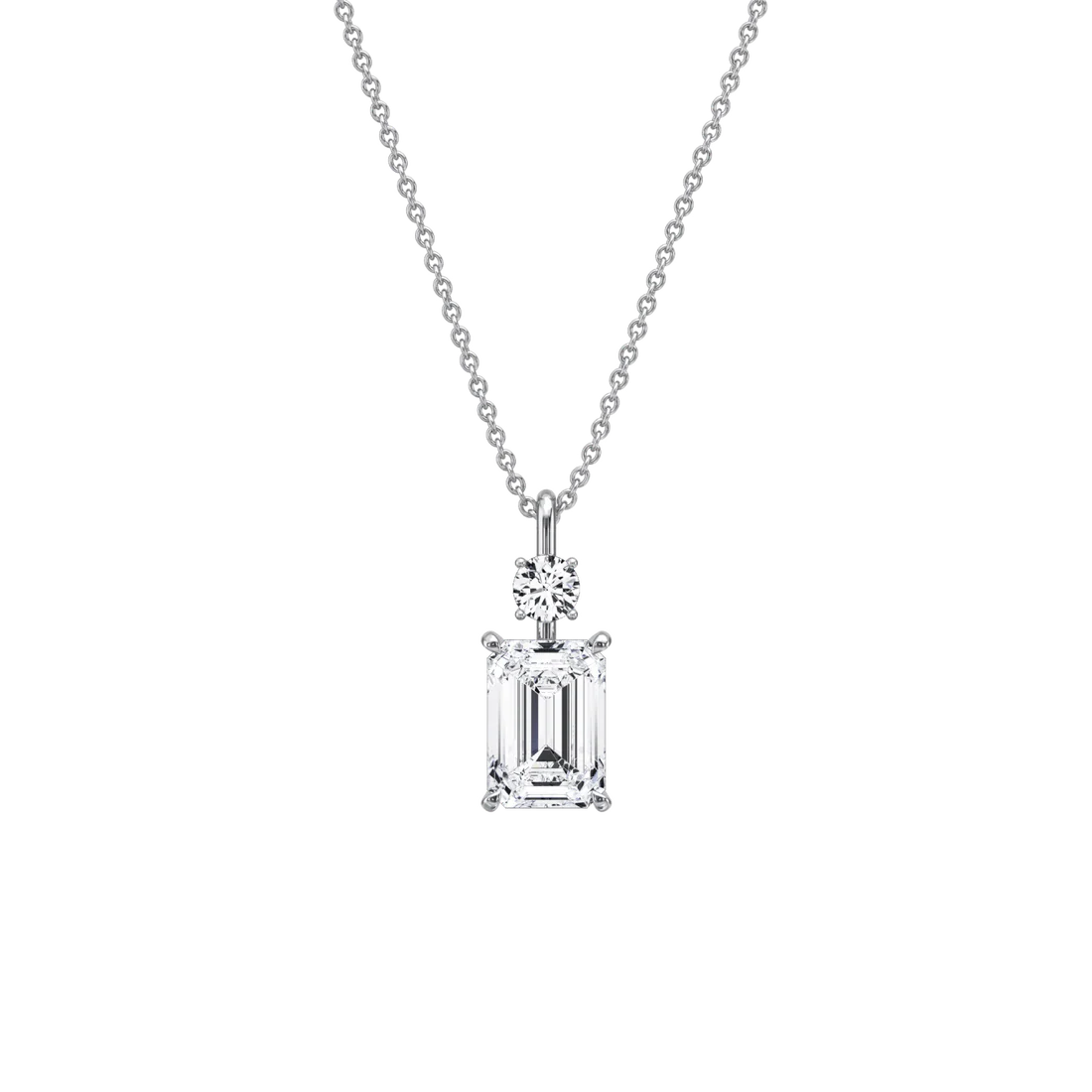 Emerald Cut & Round Two-Stone Diamond Drop Pendant Necklace | 18k Yellow Gold Anniversary Pendant