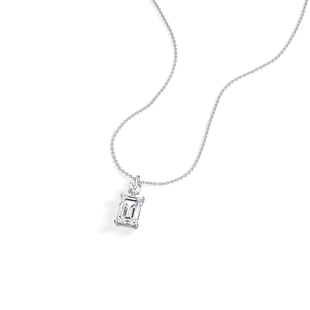 Emerald Cut & Round Two-Stone Diamond Drop Pendant Necklace | 18k Yellow Gold Anniversary Pendant