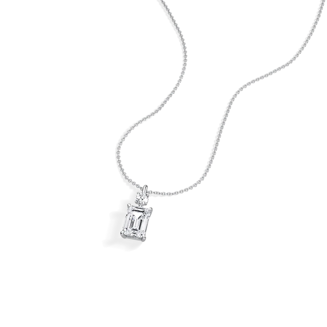 Emerald Cut & Round Two-Stone Diamond Drop Pendant Necklace | 18k Yellow Gold Anniversary Pendant
