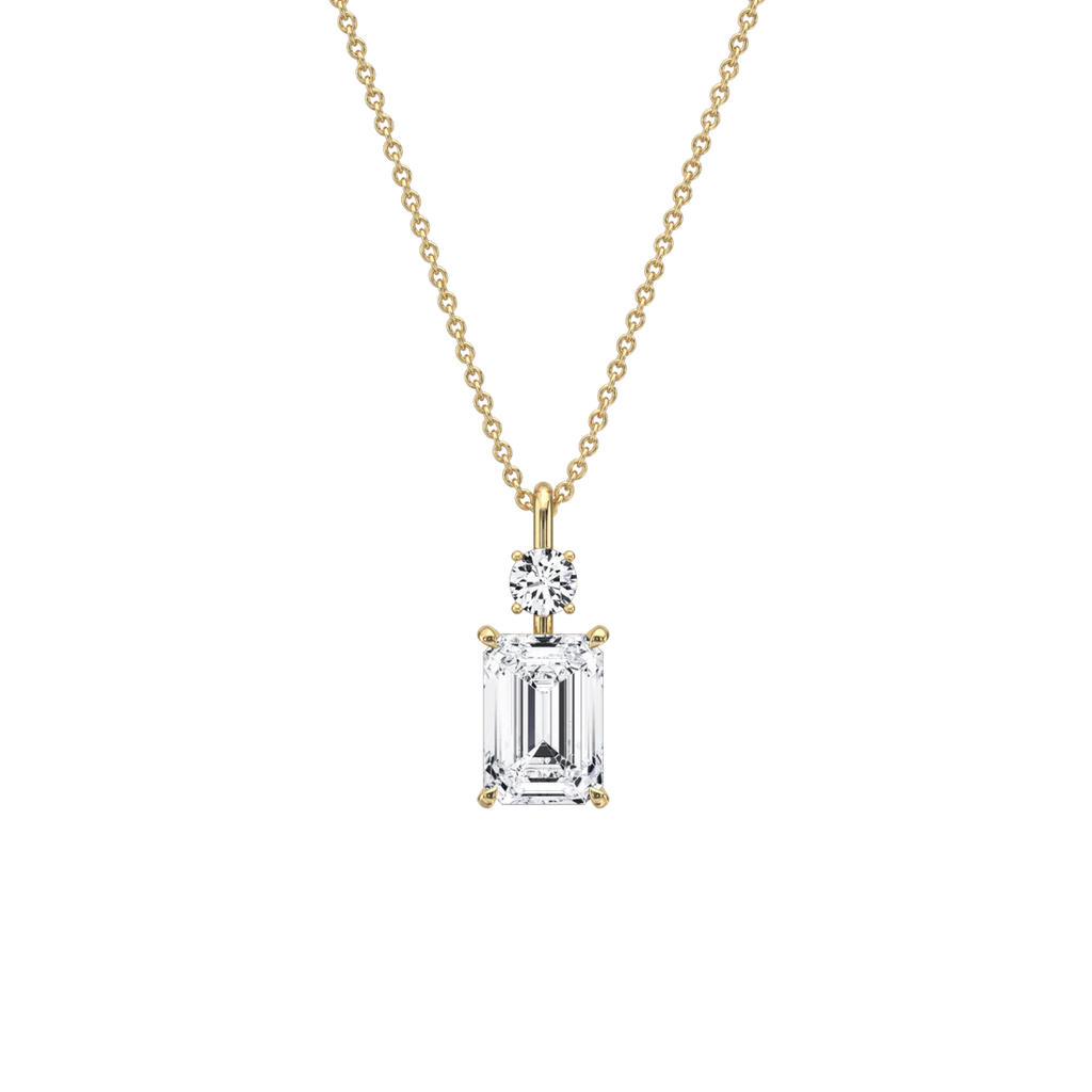 Emerald Cut & Round Two-Stone Diamond Drop Pendant Necklace | 18k Yellow Gold Anniversary Pendant