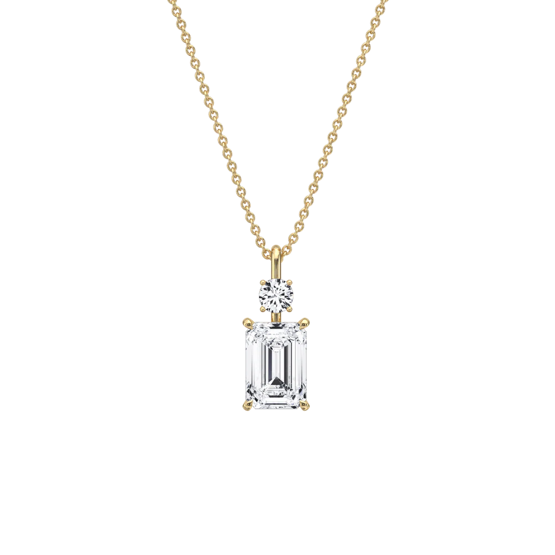 Emerald Cut & Round Two-Stone Diamond Drop Pendant Necklace | 18k Yellow Gold Anniversary Pendant