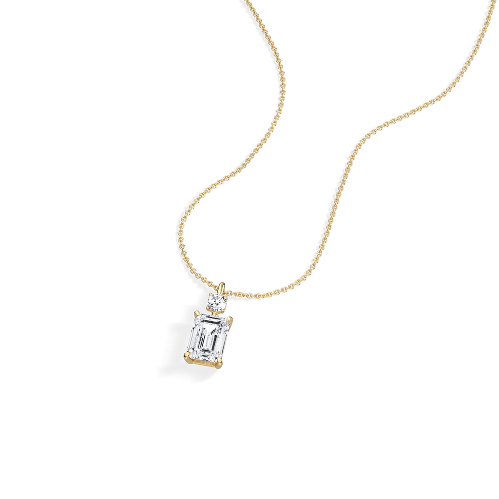 Emerald Cut & Round Two-Stone Diamond Drop Pendant Necklace | 18k Yellow Gold Anniversary Pendant