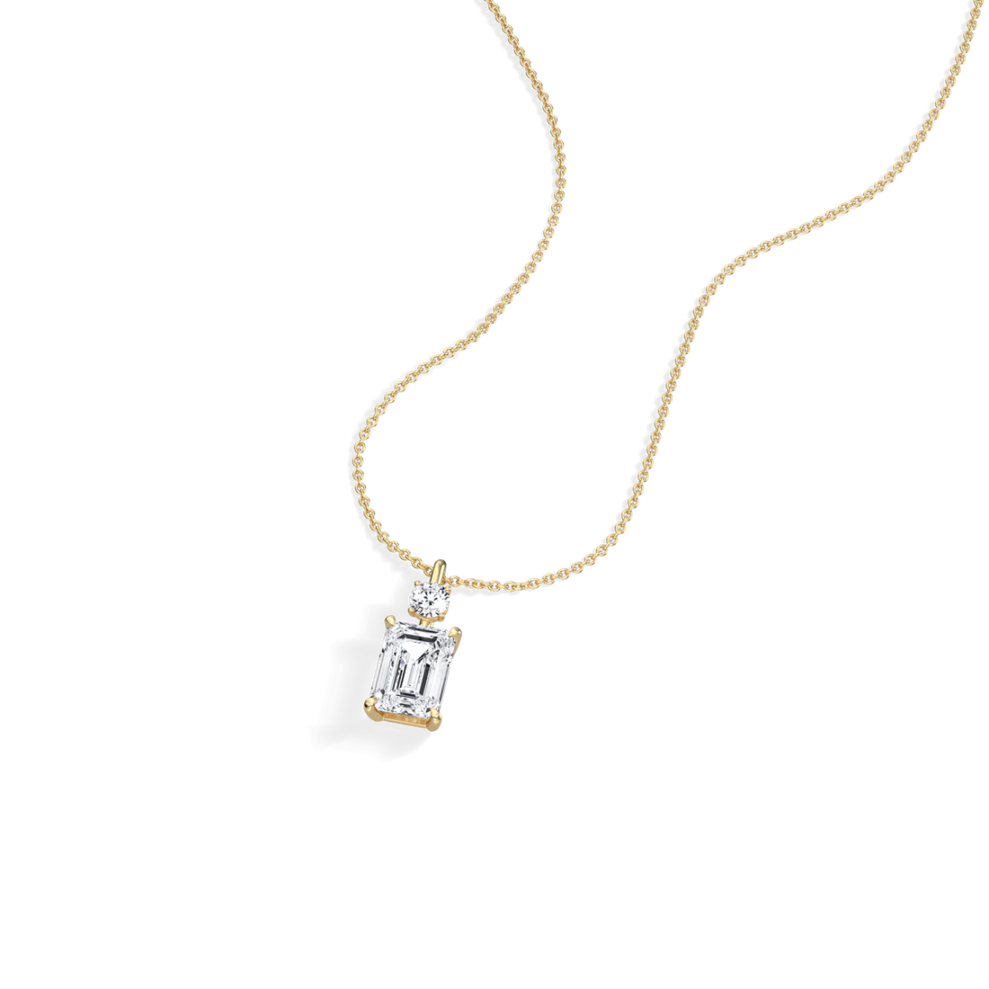 Emerald Cut & Round Two-Stone Diamond Drop Pendant Necklace | 18k Yellow Gold Anniversary Pendant