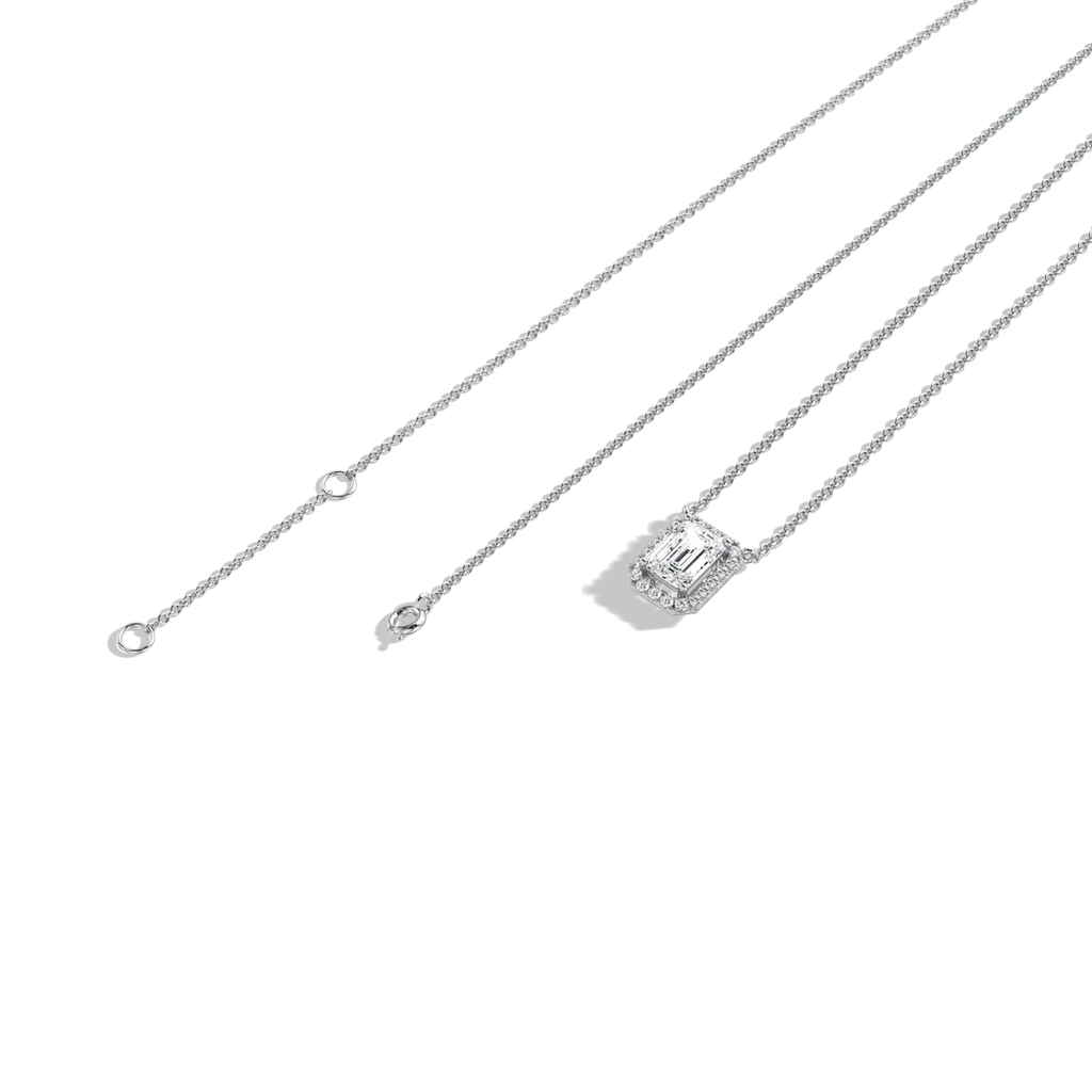 Emerald Cut Lab-Grown Diamond Solitaire Halo Pendant Necklace | Wedding Jewelry