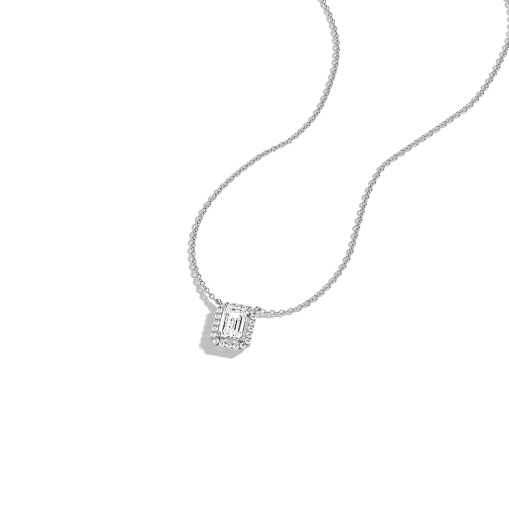 Emerald Cut Lab-Grown Diamond Solitaire Halo Pendant Necklace | Wedding Jewelry