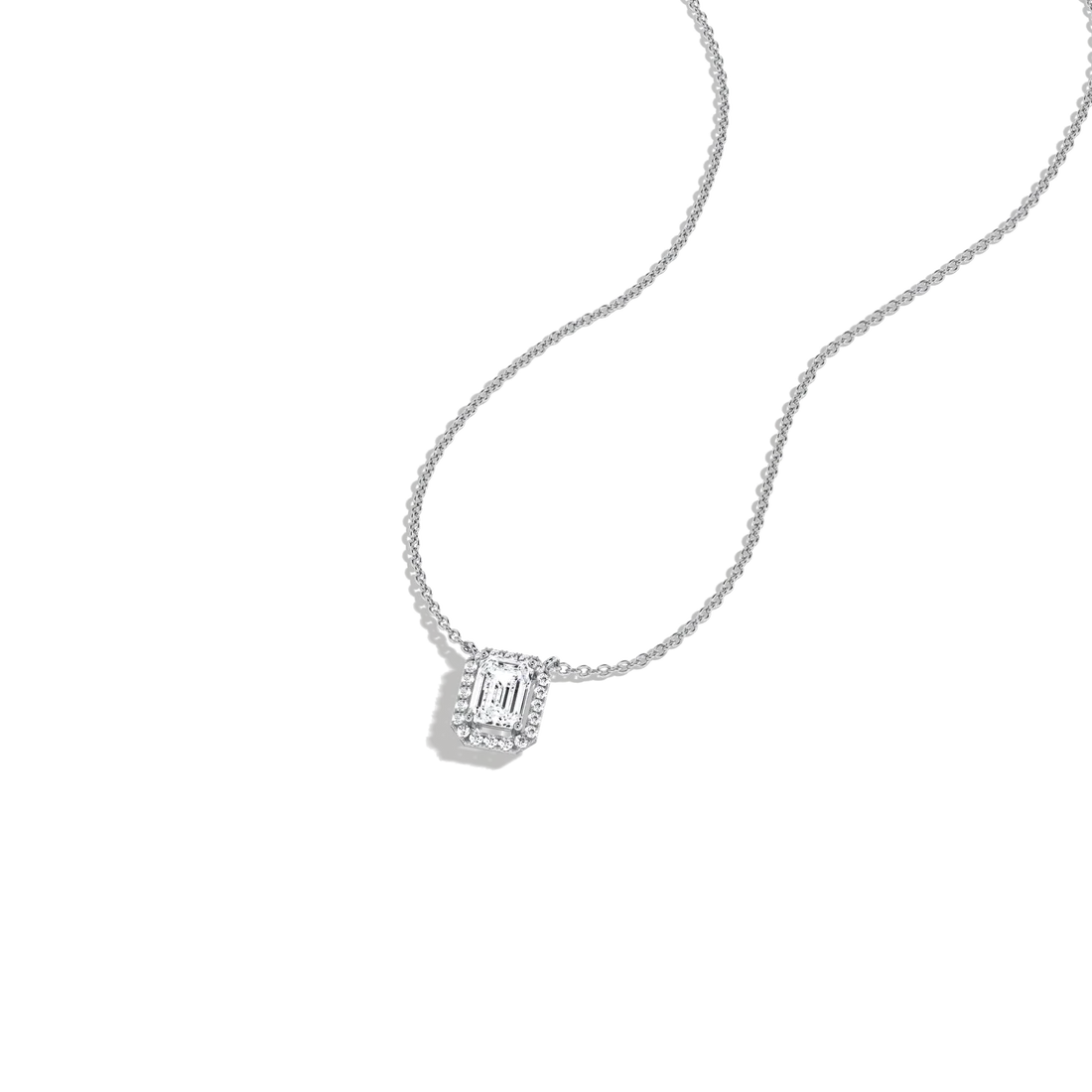 Emerald Cut Lab-Grown Diamond Solitaire Halo Pendant Necklace | Wedding Jewelry