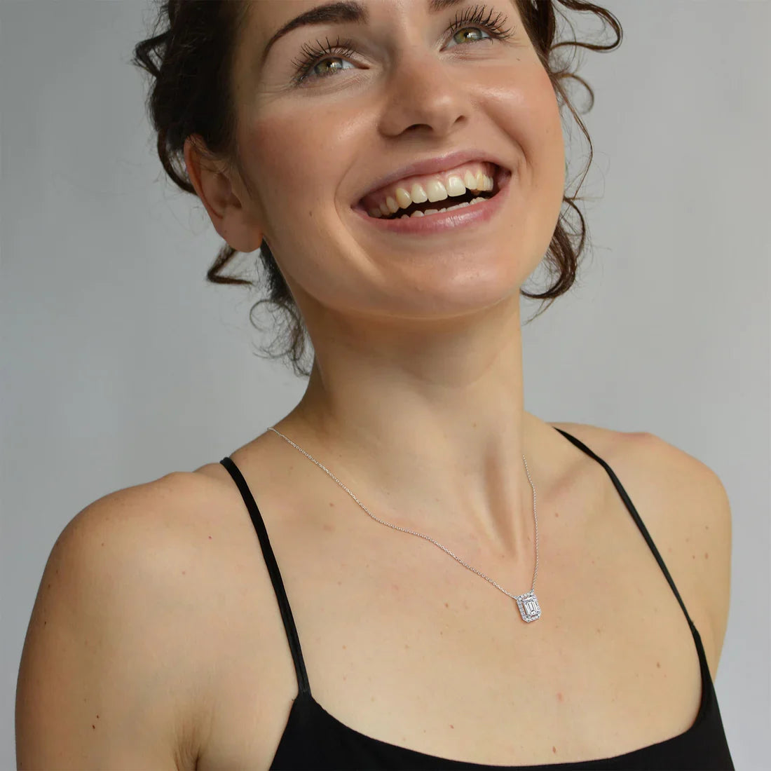 Emerald Cut Lab-Grown Diamond Solitaire Halo Pendant Necklace | Wedding Jewelry