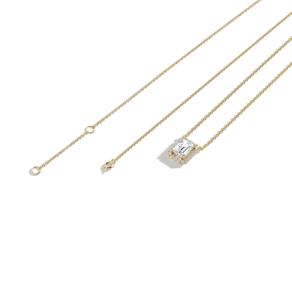 Emerald Cut Lab-Grown Diamond Solitaire Halo Pendant Necklace | Wedding Jewelry