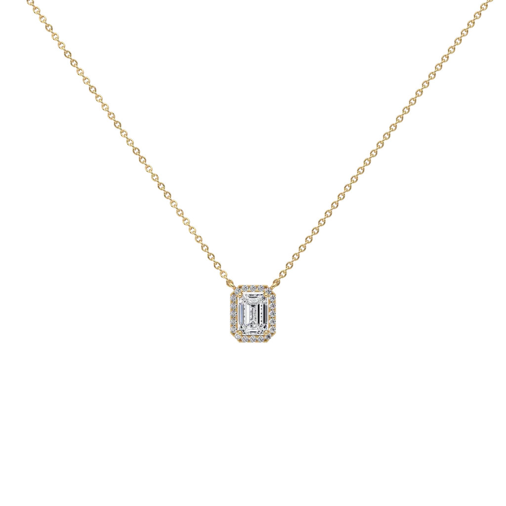 Emerald Cut Lab-Grown Diamond Solitaire Halo Pendant Necklace | Wedding Jewelry