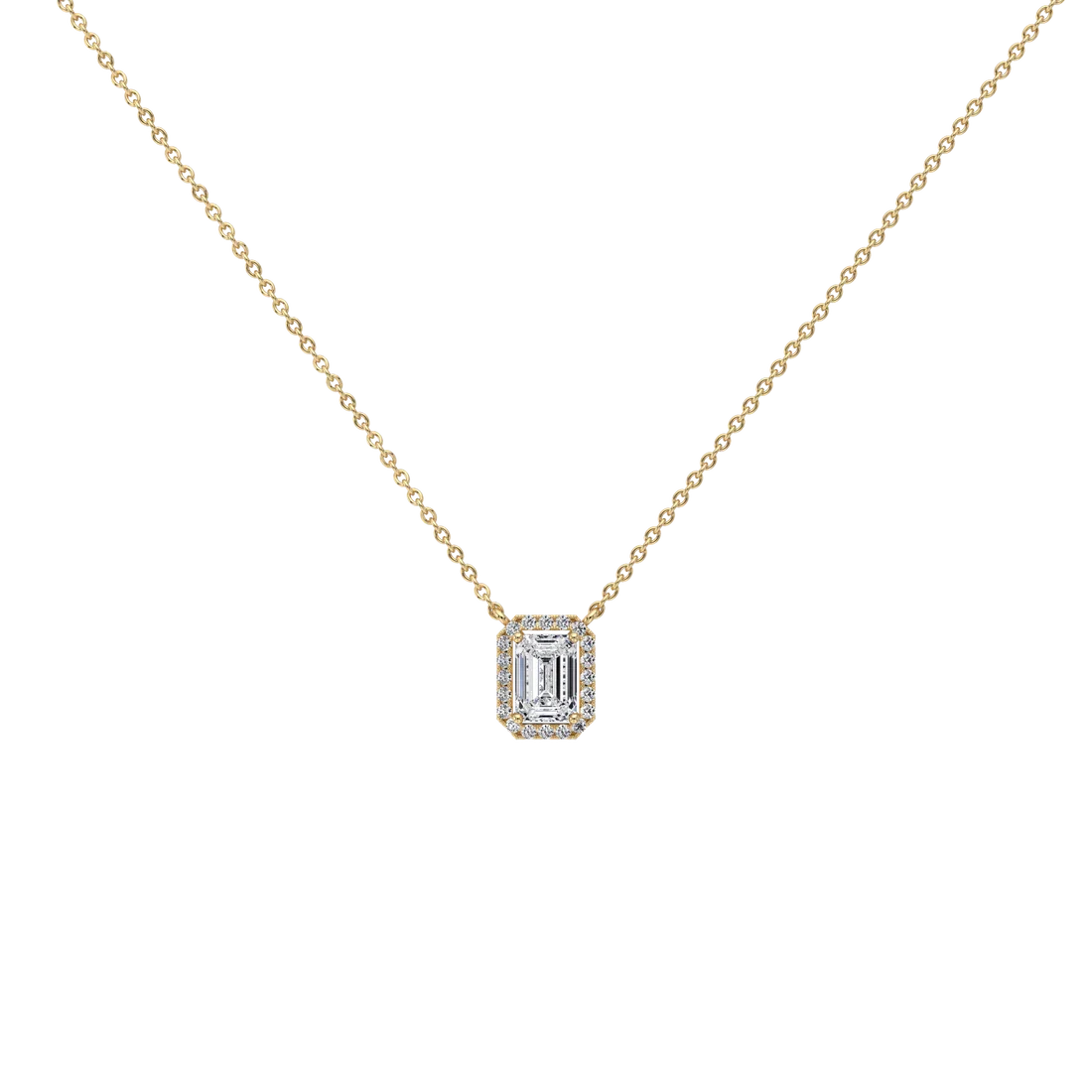 Emerald Cut Lab-Grown Diamond Solitaire Halo Pendant Necklace | Wedding Jewelry