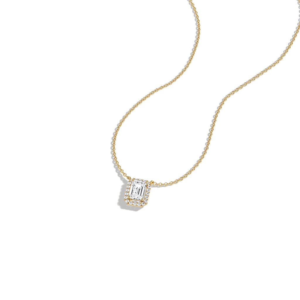 Emerald Cut Lab-Grown Diamond Solitaire Halo Pendant Necklace | Wedding Jewelry