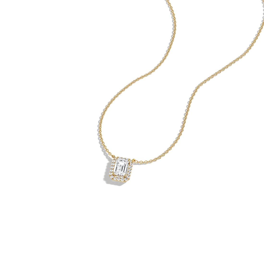 Emerald Cut Lab-Grown Diamond Solitaire Halo Pendant Necklace | Wedding Jewelry