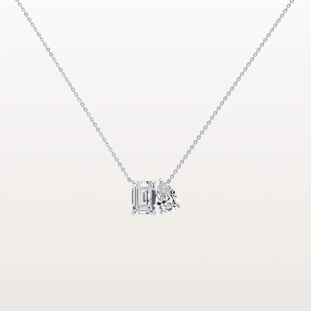 Antique Toi et Moi Emerald & Pear Cut Diamond Station Pendant Necklace | minimalist two stone jewelry