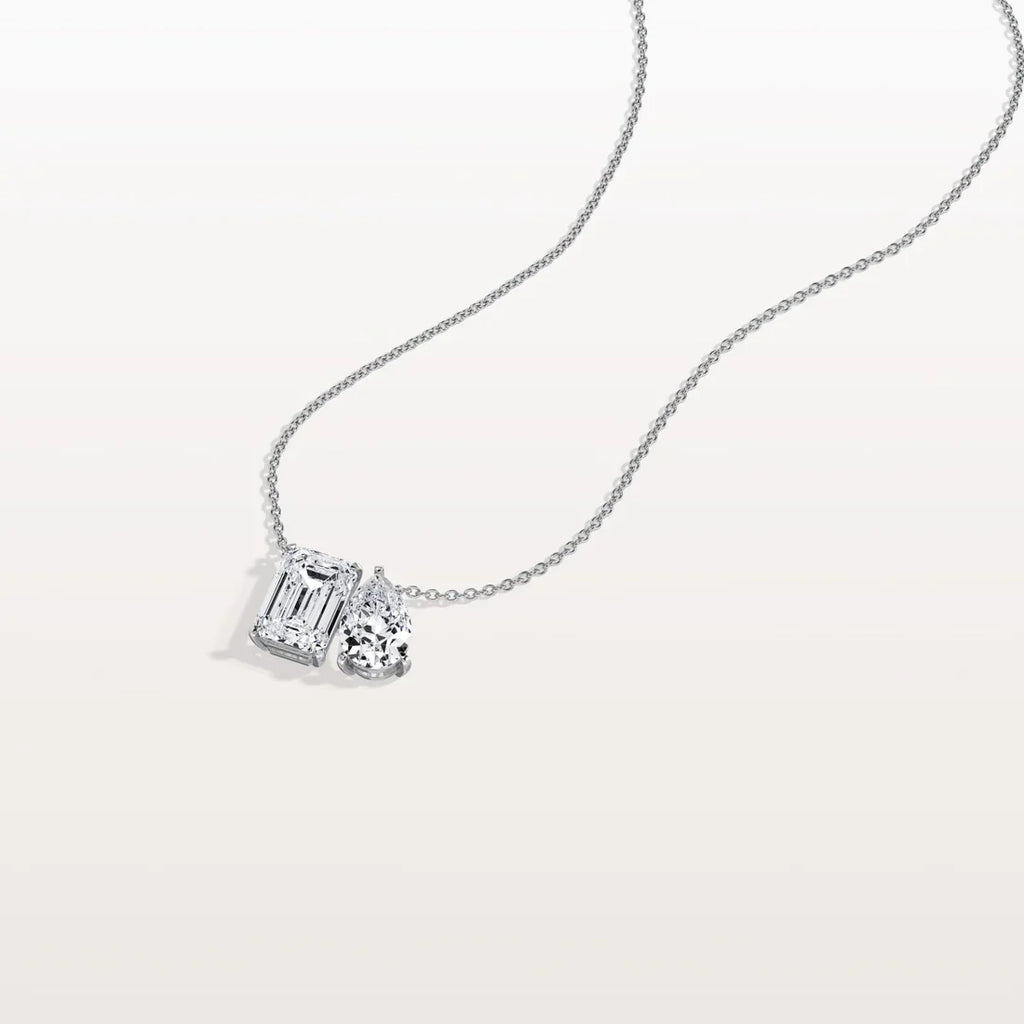 Antique Toi et Moi Emerald & Pear Cut Diamond Station Pendant Necklace | minimalist two stone jewelry