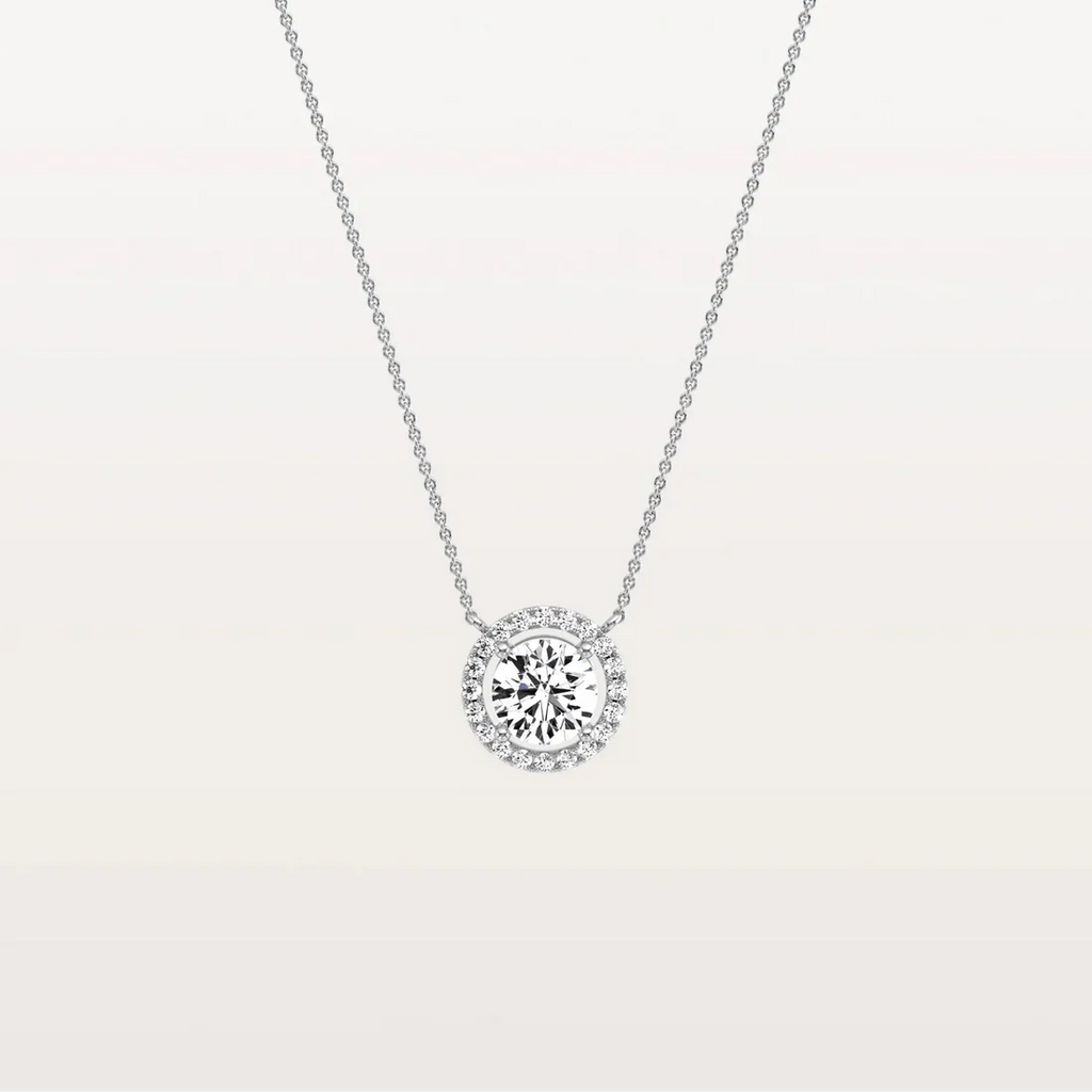 14K Round Diamond Halo Pendant Necklace | Classic Solitaire Micropave Accent Stones | Gift For Her
