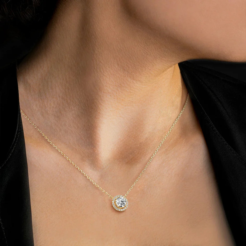 14K Round Diamond Halo Pendant Necklace | Classic Solitaire Micropave Accent Stones | Gift For Her
