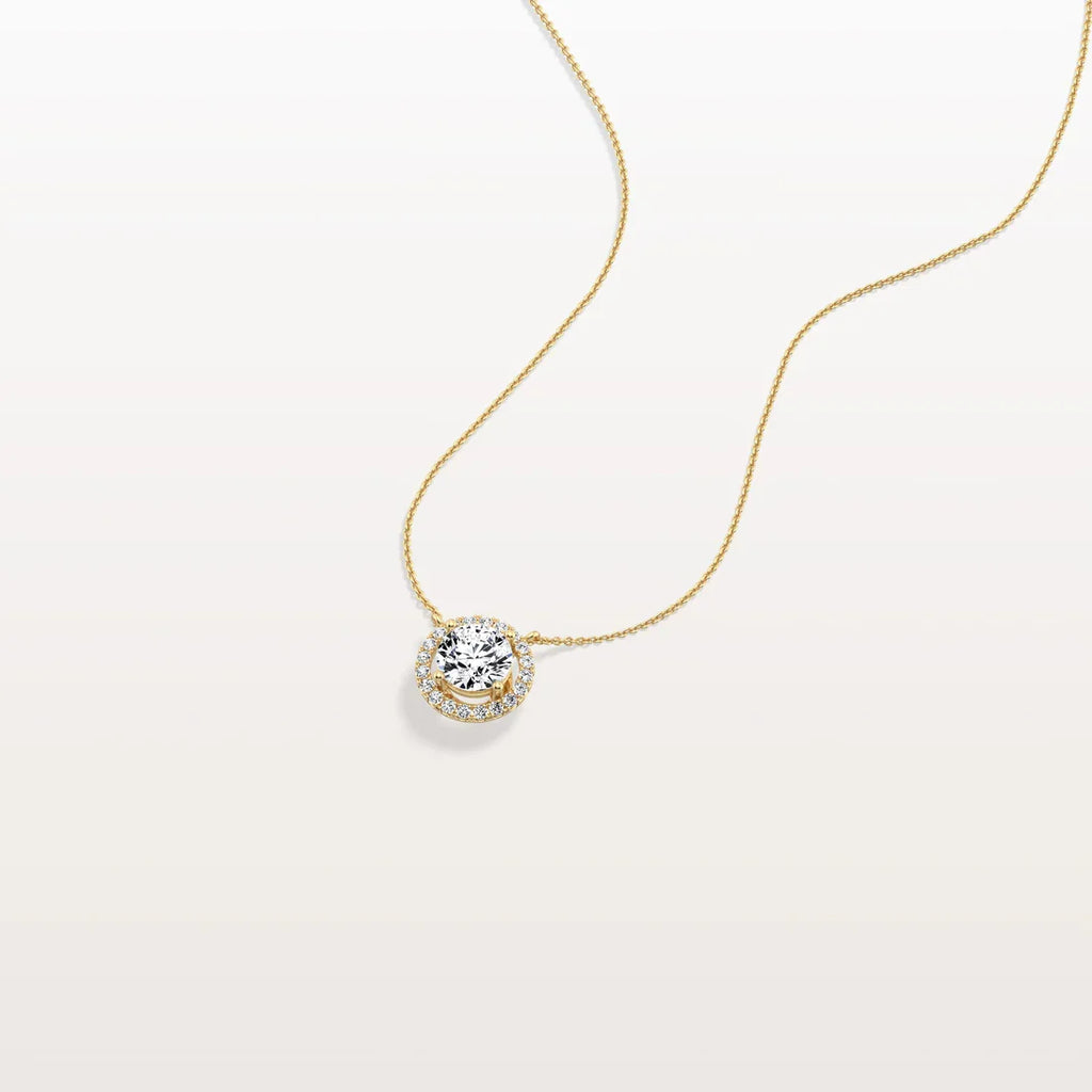 14K Round Diamond Halo Pendant Necklace | Classic Solitaire Micropave Accent Stones | Gift For Her