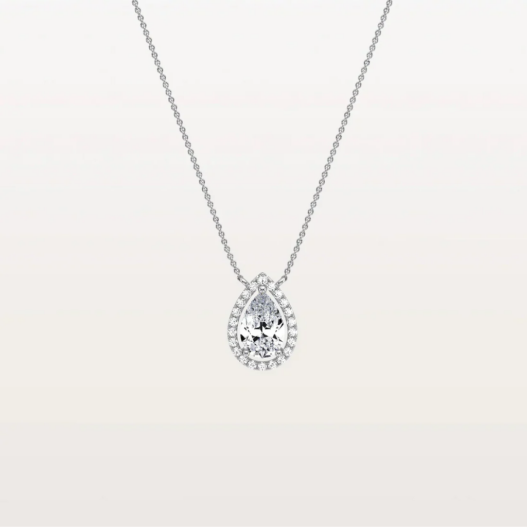 Pear Diamond Solitaire Pendant Necklace | Classic Halo Solid Gold | Gift For Her