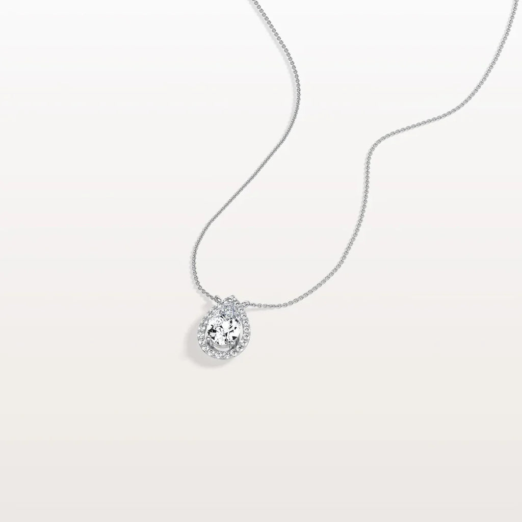 Pear Diamond Solitaire Pendant Necklace | Classic Halo Solid Gold | Gift For Her