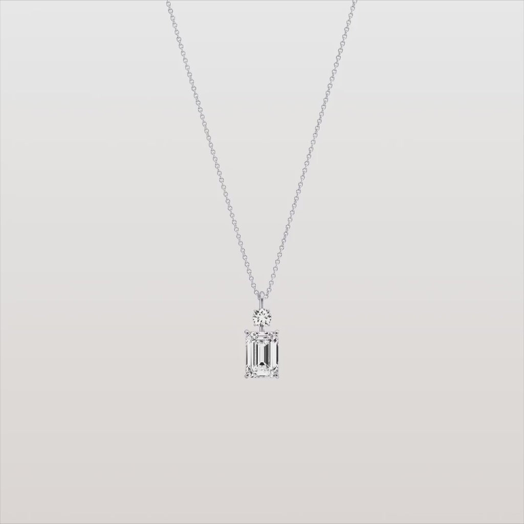 Emerald Cut & Round Two-Stone Diamond Drop Pendant Necklace | 18k Yellow Gold Anniversary Pendant