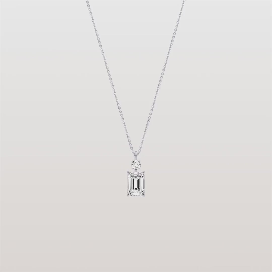 Emerald Cut & Round Two-Stone Diamond Drop Pendant Necklace | 18k Yellow Gold Anniversary Pendant