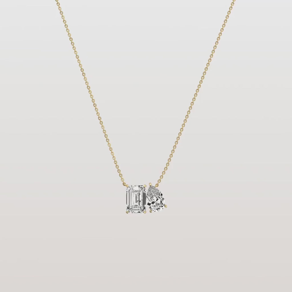 Antique Toi et Moi Emerald & Pear Cut Diamond Station Pendant Necklace | minimalist two stone jewelry