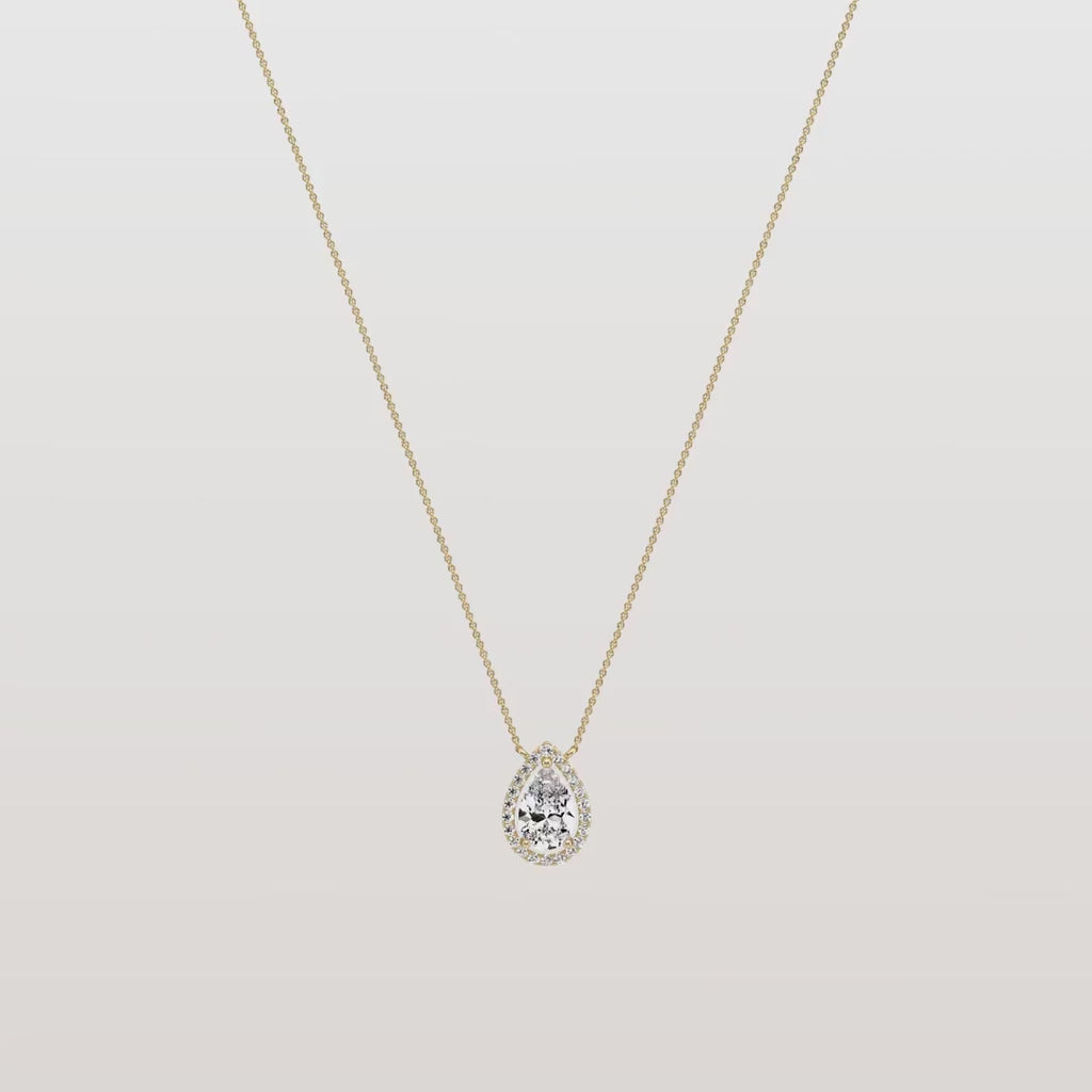 Pear Diamond Solitaire Pendant Necklace | Classic Halo Solid Gold | Gift For Her