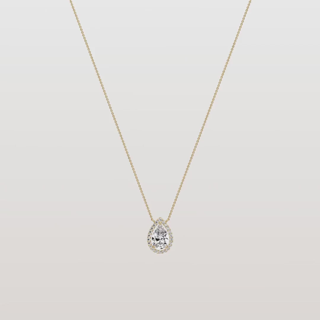 Pear Diamond Solitaire Pendant Necklace | Classic Halo Solid Gold | Gift For Her