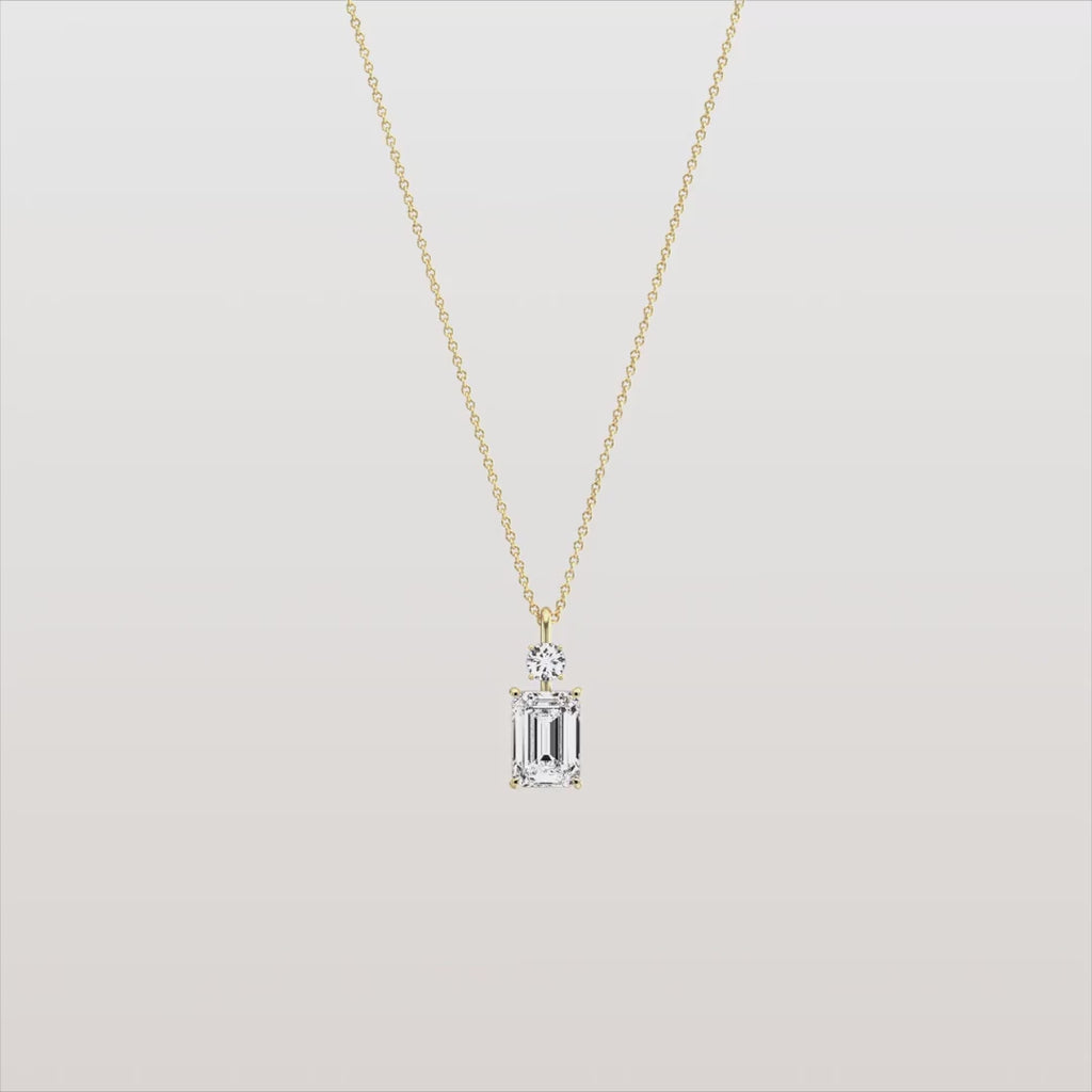 Emerald Cut & Round Two-Stone Diamond Drop Pendant Necklace | 18k Yellow Gold Anniversary Pendant