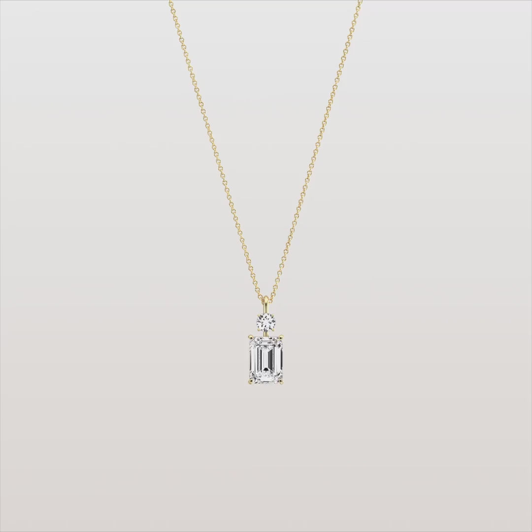 Emerald Cut & Round Two-Stone Diamond Drop Pendant Necklace | 18k Yellow Gold Anniversary Pendant