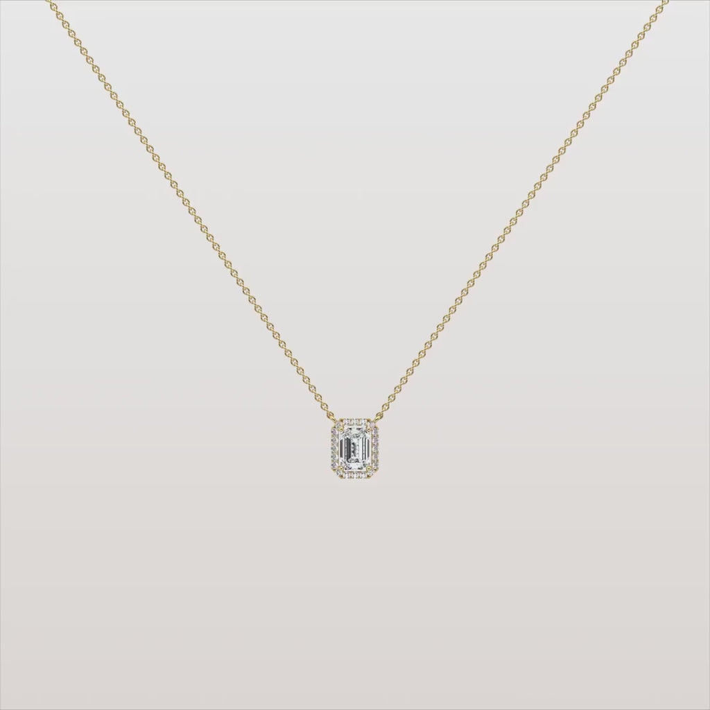 Emerald Cut Lab-Grown Diamond Solitaire Halo Pendant Necklace | Wedding Jewelry