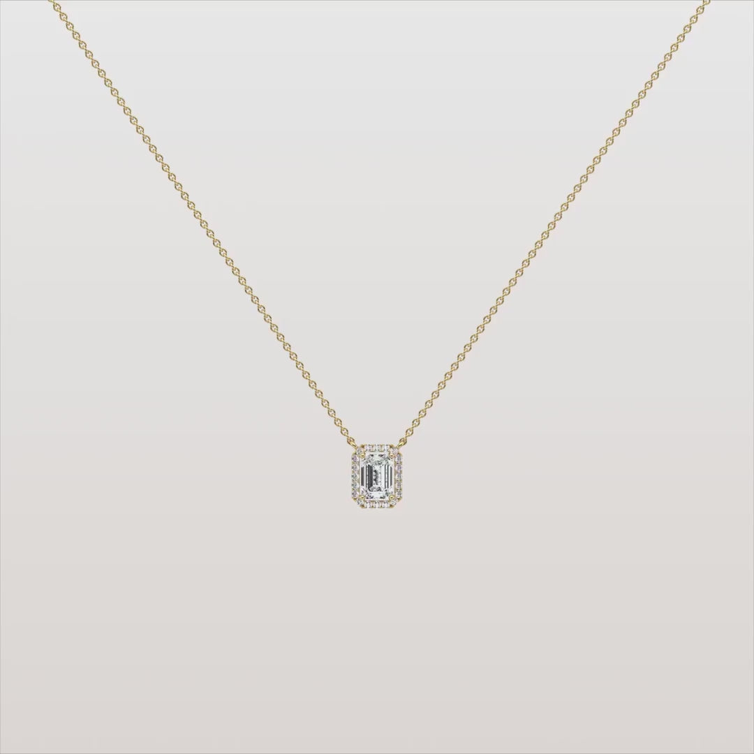 Emerald Cut Lab-Grown Diamond Solitaire Halo Pendant Necklace | Wedding Jewelry