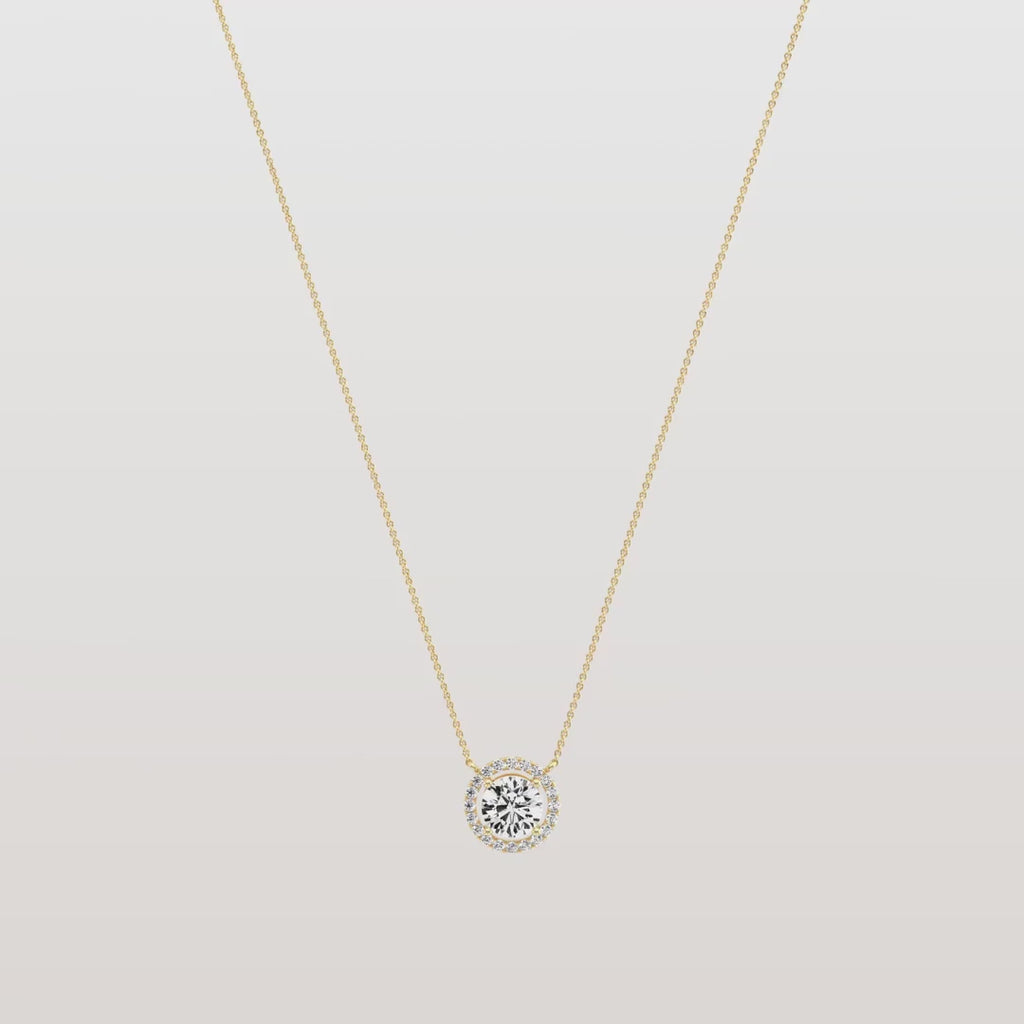 14K Round Diamond Halo Pendant Necklace | Classic Solitaire Micropave Accent Stones | Gift For Her