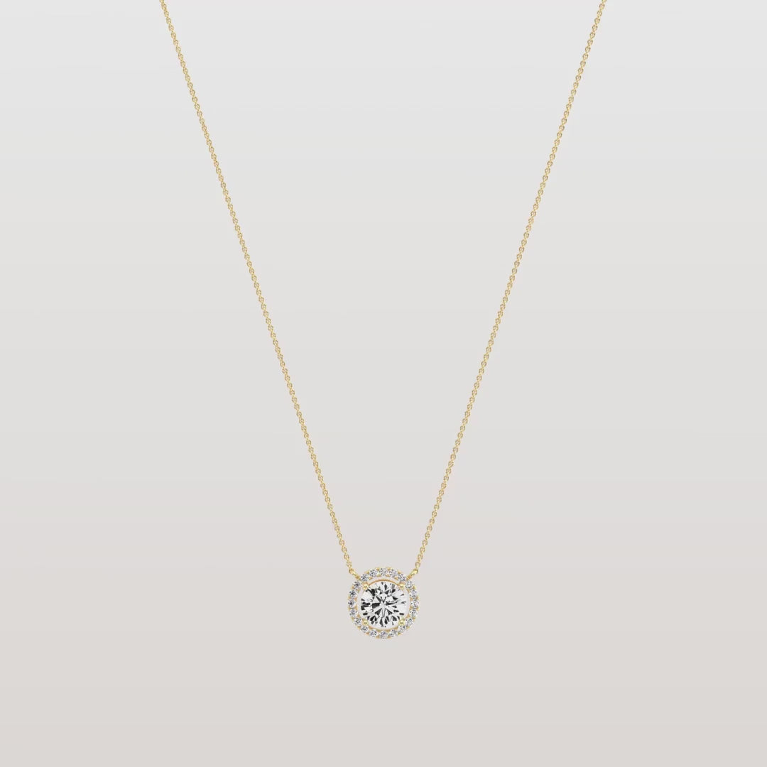 14K Round Diamond Halo Pendant Necklace | Classic Solitaire Micropave Accent Stones | Gift For Her